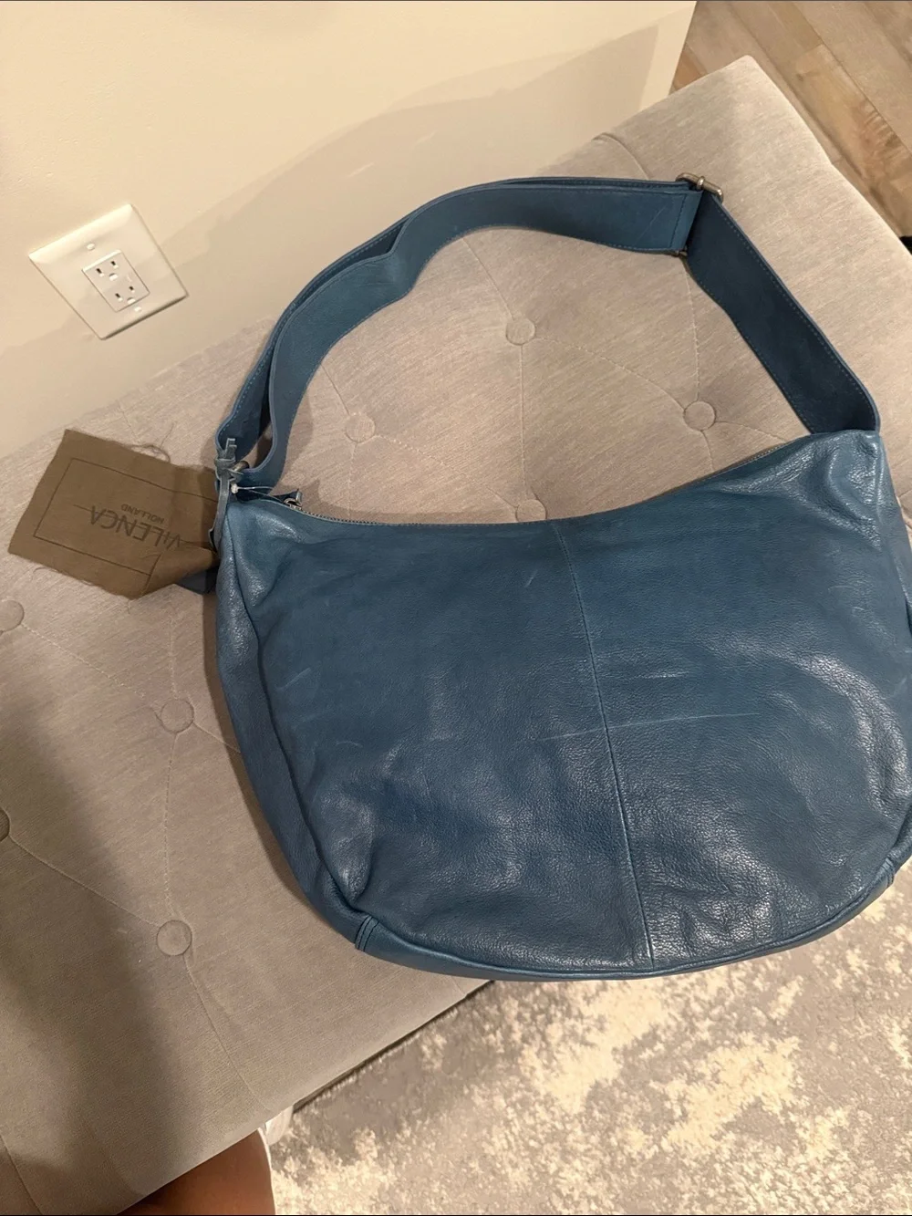 Brand New Women’s Blue Leather Bag with Wide Strap 100% genuine leather
